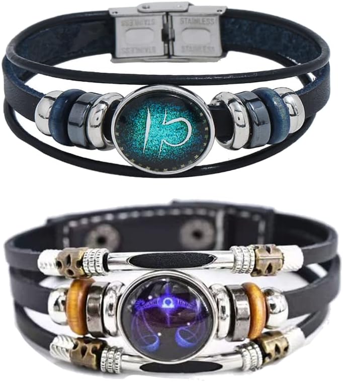 Hewill Store 2Pcs Multilayer Constellation Zodiac Leather Bracelet Handmade Woven Zodiac Sign Wrap Bracelet Wristband for Women Men Jewelry Birthday Gift - Image 1